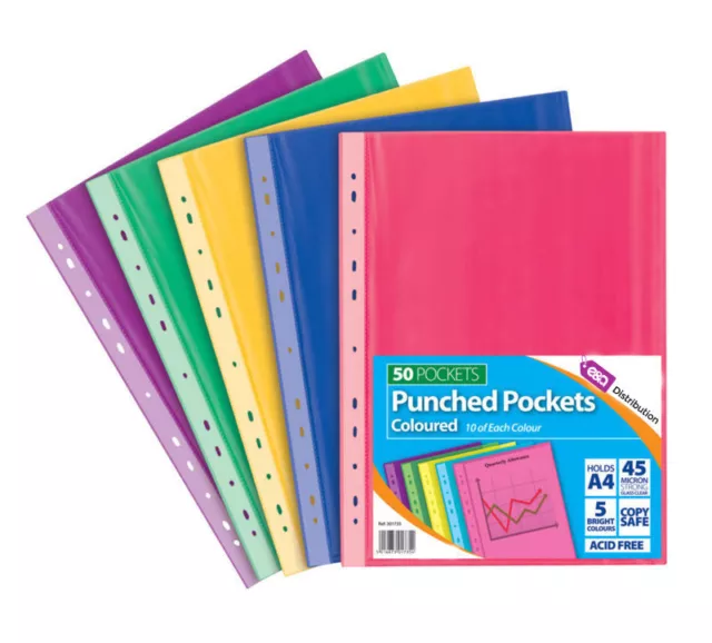 A4 50 Coloured Plastic Wallets Clear Strong Punched Ring Binder File Pockets