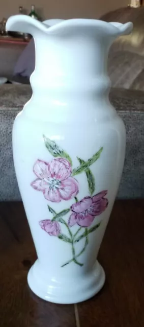 Stunning Vintage milk glass Hand painted Floral vase.