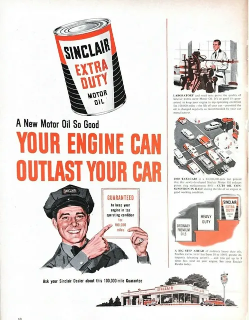 1953 Sinclair Extra Duty Motor Oil Vintage Print Ad Your Engine Can Outlast Car