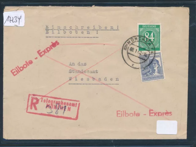 17234) Eilb.-Reco-Brief 1948 mit R-Stpl Telegraphenamt MÜNCHEN  MiF 164PF