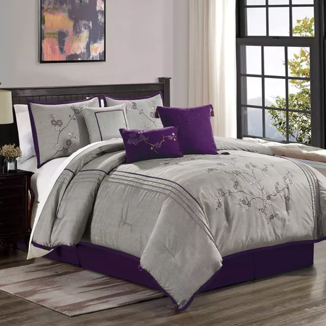 Purple Gray Embroidered Floral Blossom 7pc Comforter Set Full Queen Cal King Bed