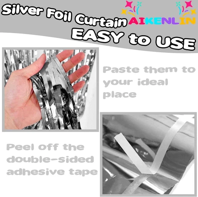 4 PACK 3.2FT x 9.8Ft Silver Foil Fringe Curtain Backdrop, Metallic ...