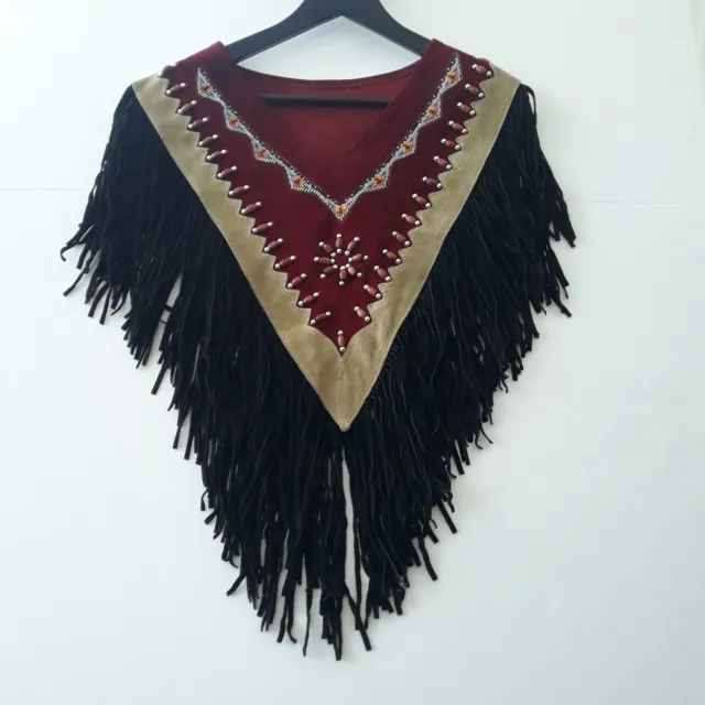 Vintage Native American Burgundy Poncho Fringe Leather Suede Western Beaded