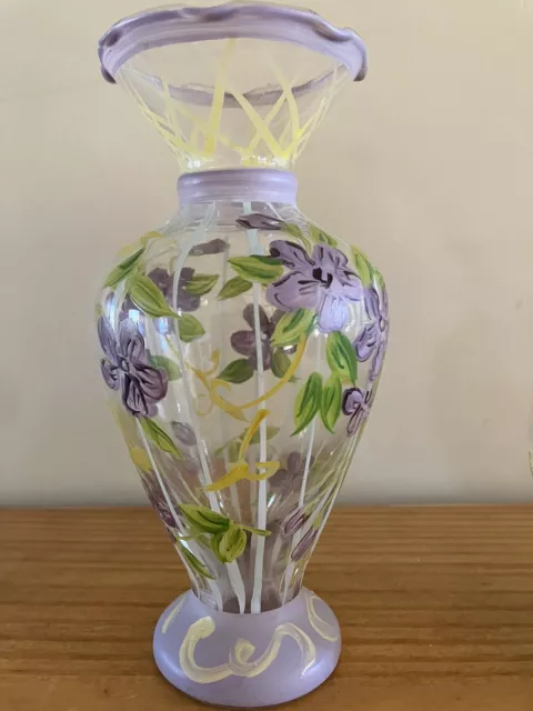 Pair of Hand Painted Floral Glass Vases Farmhouse Cottage Decor 6.5" and 5" MINT 3