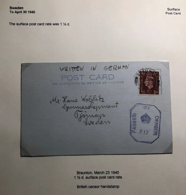1940 Braunton England Postcard Censored WW2 Cover To Tjörn Sweden