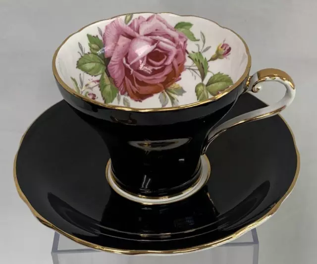 Black Aynsley Tea Cup and Saucer With Pink Cabbage Roses