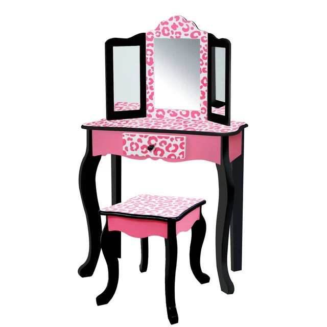 Gisele Leopard Print Vanity Playset Kids Vanities Tri-fold Mirror Storage Drawer