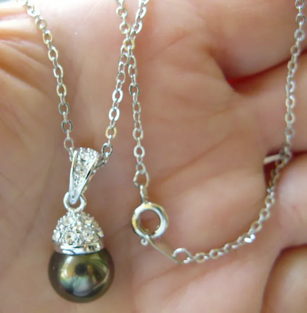 Perle de Tahiti 10 mm fausse perle avec CZ et chaîne argent sterling 24 pouces 3