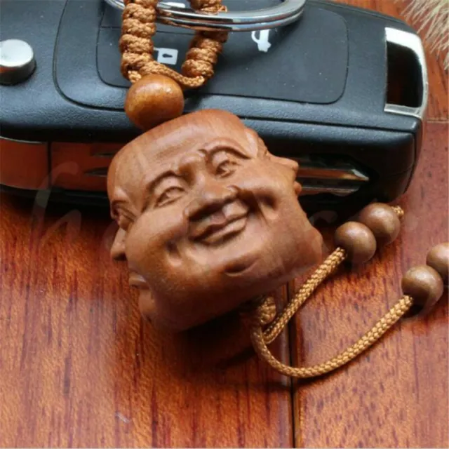 Chinese Feng shui Wood Carving Four Face Happy Buddha Head Statue Key Chain Ring