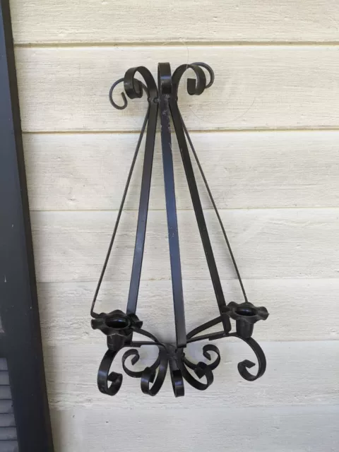 VTG Wrought Iron Double Candle Wall Sconce Gothic Arts Crafts Spanish Revivl 20"