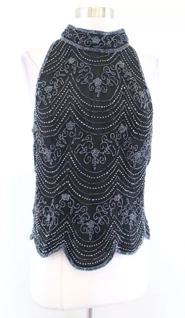 Vtg Adrianna Papell Black Silk Beaded Sequin Mock Neck Evening Top Blouse Sz XL