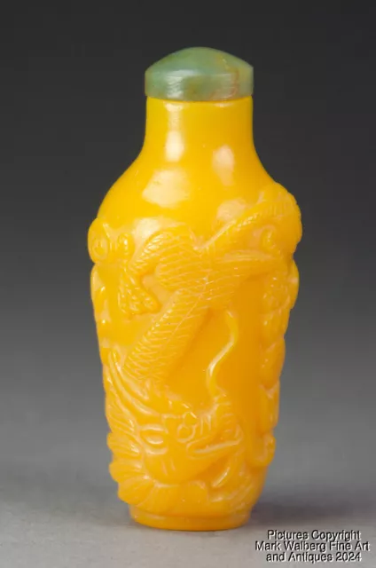 Chinese Carved Yellow Peking Glass Snuff Bottle, Dragon & Phoenix Design