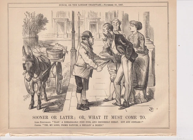 1867 Punch Cartoon Cheap Oysters, Shilling a Dozen
