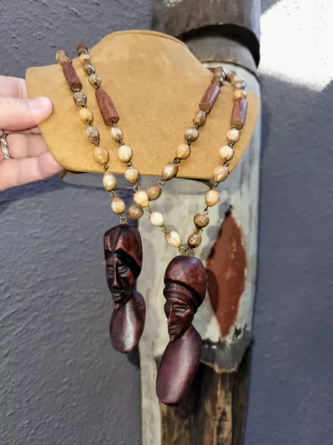 Pair Mid Century Modern Tiki Wood Faces Carved Bead Necklace-Curtain Ties 23" L