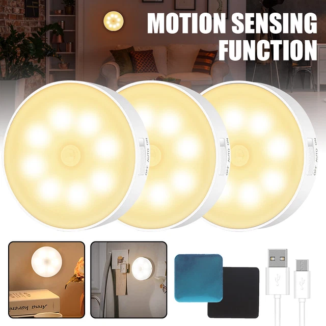 3 PACK 8 LED Rechargeable PIR Motion Sensor Night Light Closet Stair ...
