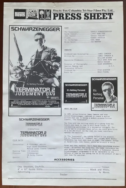 TERMINATOR 2 : JUDGEMENT DAY - Vintage Australian Cinema Press Sheet from 1991