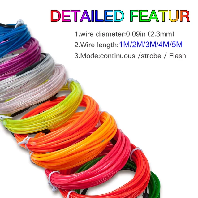 1/2/3/4/5M LED EL Wire Light Strip Battery Neon Glowing String Lights ...
