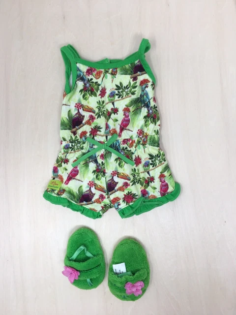 American Girl Doll Lea Rainforest Pajamas Jumpsuit Shorts Slippers Parrots EUC