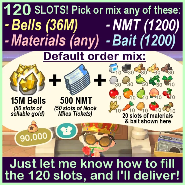 Pick/Mix: Bells, Nook Miles Tickets etc- 120 SLOTS! Animal Crossing:New Horizons