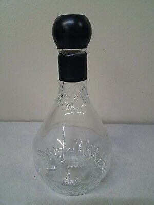 Vintage Clear Cut Glass Decanter Liquor Bottle with Black Cap.