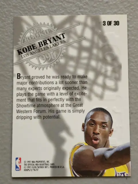 KOBE BRYANT 1996-1997 SKYBOX HOOPS OR ROOKIE #3 carte BASKETBALL NBA ...