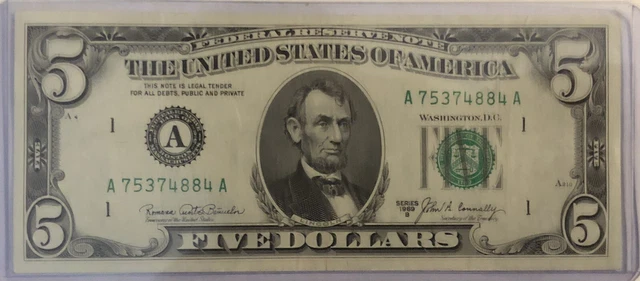 1969 B 5 Dollar Bill Five Dollar Federal Reserve Note FRN Rare US Currency
