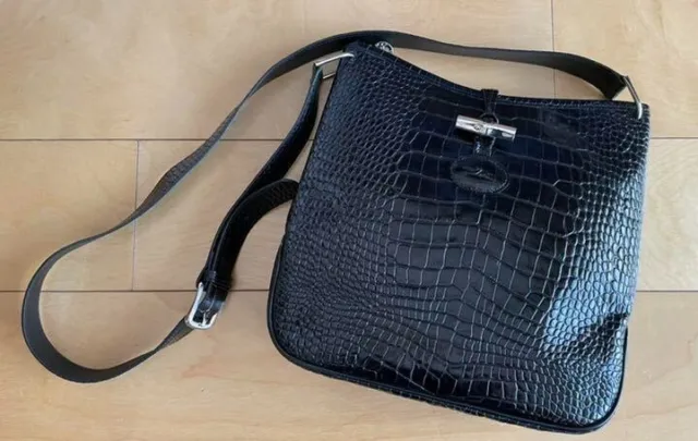LONGCHAMP ROSEAU EMBOSSED CROC Leather Shoulder Crossbody Bag Black [Very Good]