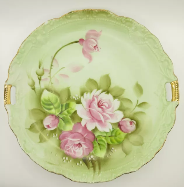 Lefton China Green Heritage Rose Handled Cake Serving Plate  #719 9"D