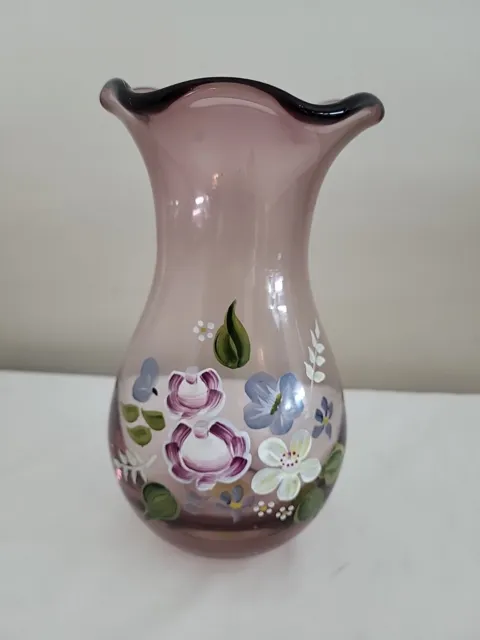 Fenton Vase Teleflora 8 Inch Ruffled Purple Amethyst Glass Hand Painted Flowers