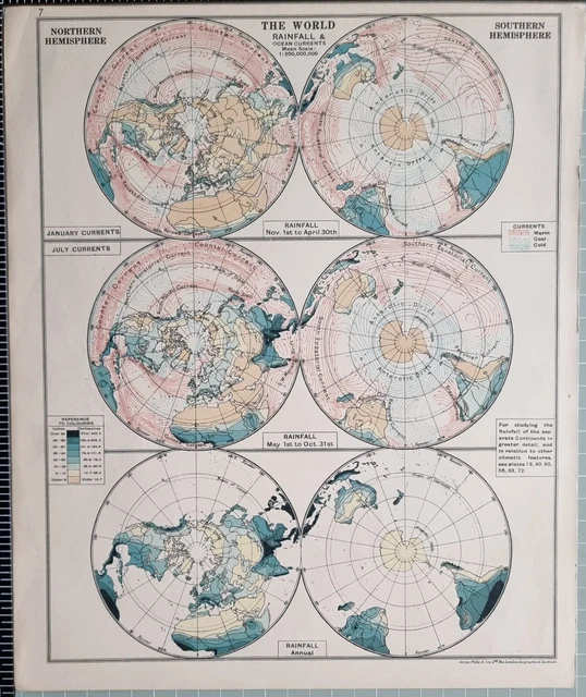 1921 MAP NORTHERN &amp; Southern Hemispheres World Isobars &amp; Winds Monsoons ...