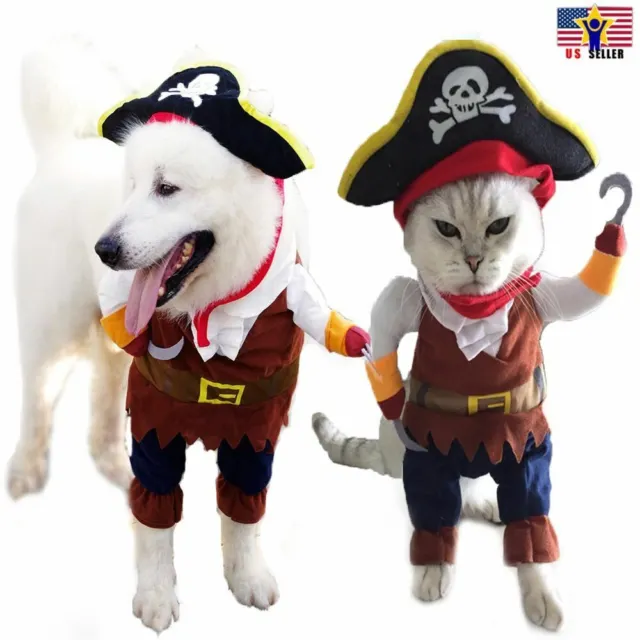 Funny Pet Cosplay Clothes Pirate Costume Dog Puppy Cat Suit w/ Hook Halloween US