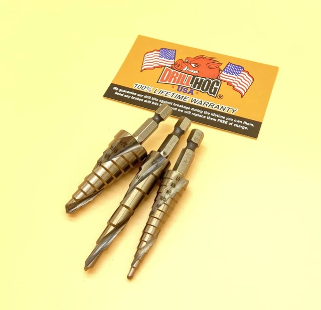 3 Pc Step Drill Bit SPIRAL FLUTE Cobalt M42 UNIBIT Drill Hog Lifetime Warranty 2