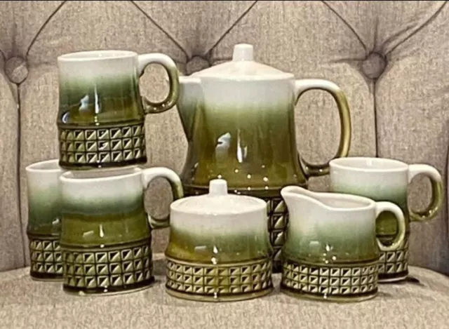 Retro 9 Piece Olive Drip Glaze Pottery Coffee Tea Set MADE IN JAPAN