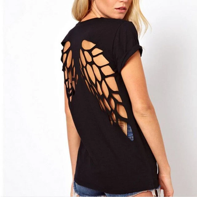 Tunic Back Crop Tops - Angel Wings Hollow Tshirt Women Fashion Garment Accessory