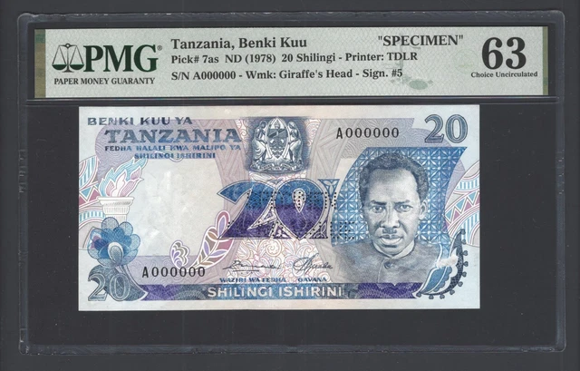 Tanzania 20 Shillingi ND(1978) P7as "Specimen " UNC Grade 63