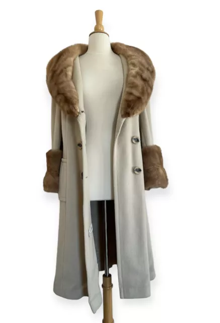 VINTAGE 70S JACOBSONS Wool Coat Fur (Mink?) Collar & Cuff Sz S/M Cream ...