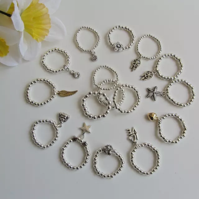 VERKAUF! Atemberaubend schöne Silberkugel Perlen Stretch Finger Ring Weihnachtsgeschenk UK