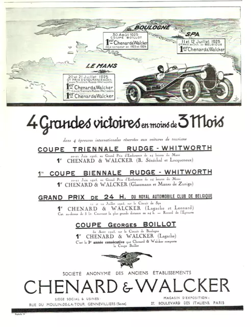 publicité Advertising  AD 0123 1925  Chenard & Walcker  4 victoires Spa le Mans