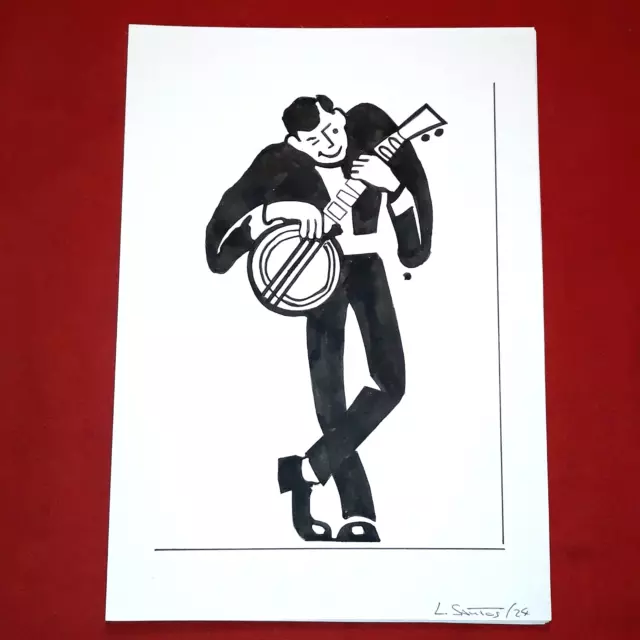 Lustige Vintage Jazz Musiker Moderne Art Deco Acryl Handmalerei (A4)