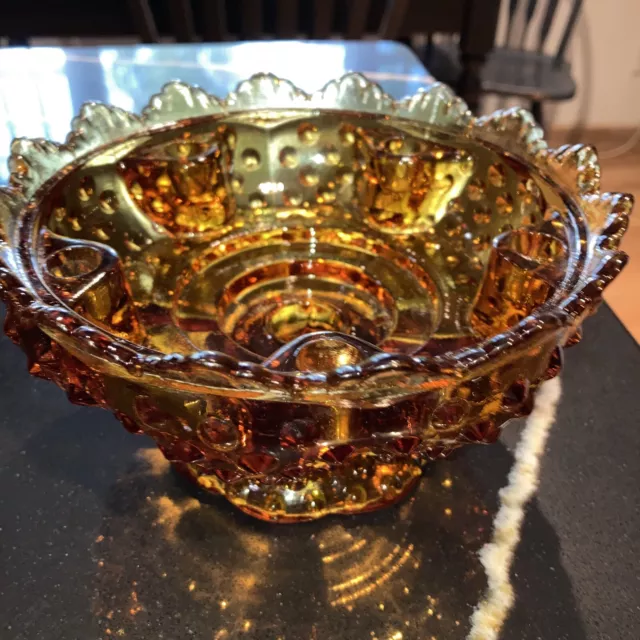 Vintage Fenton Art Glass Candle Bowl Hobnail Pattern Colonial Amber Color
