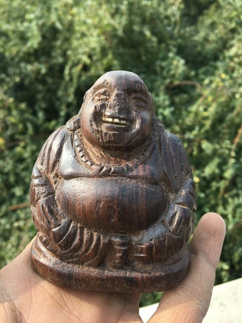 Old Vintage Rare Handcrafted Wooden Laughning Buddha Decorative Figurine Statue