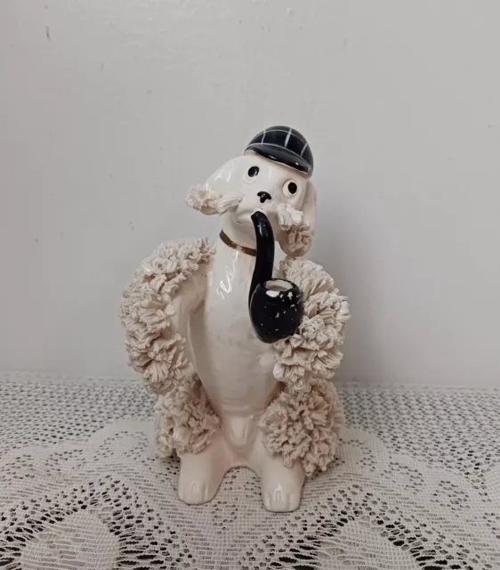 Vintage 1950's Ceramic Poodle Dog Figurine Spaghetti Lace Smoking Pipe