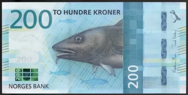 NORWAY 200 Kroner 2016 - UNC - P55 Blue Banknote with Fish