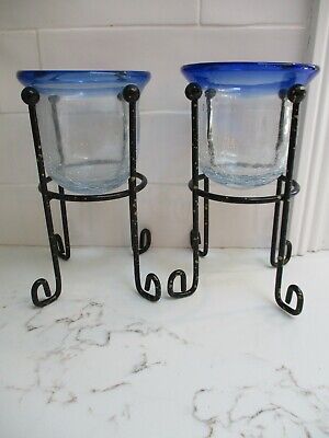 Pair of VTG Hand Blown Crackle Art Glass CANDLE HOLDERS VASES in Metal STANDS