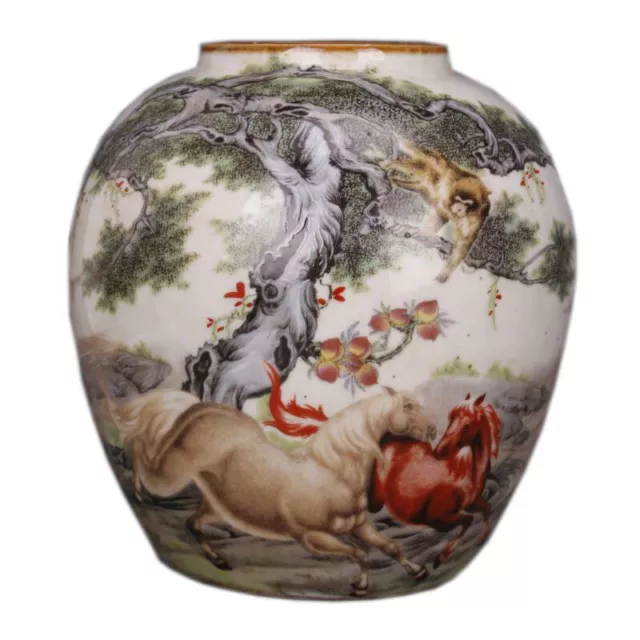 14cm China Jingdezhen Old Famille Rose Porcelain Animal Horse Monkey Pattern Jar