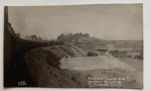 c 1900s RPPC Postcard Auburn CA (?) Concrete Arch Western Pacific RR Train VELOX