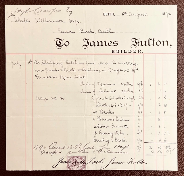 1892 James Fulton, Builder, Beith Invoice to Williamson, Union Bank, Beith