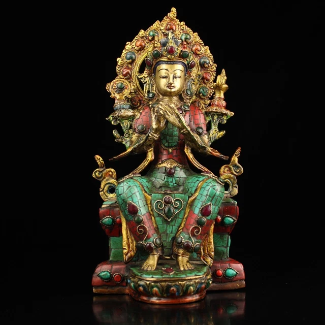 Treasured pure copper handmade inlaid gemstone painted Buddha statue
