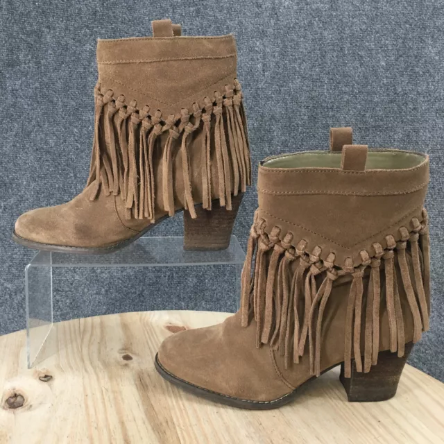 Sbicca Boots Womens 8 Sound Fringe Ankle Booties Brown Leather Pull On Heels 2