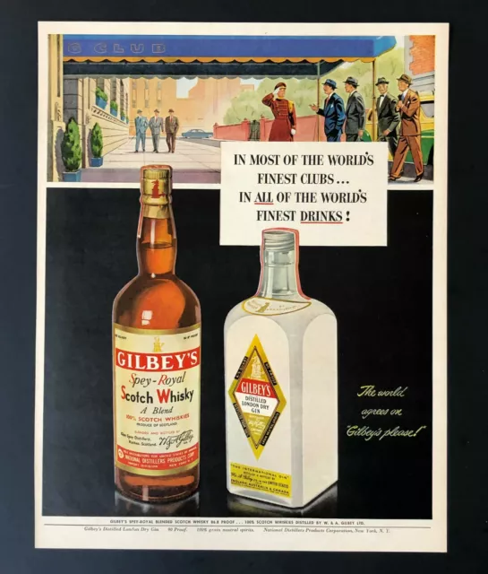 1950 Gilbeys Scotch Gin Whisky Advertisement Mens Club Art Vintage Print AD